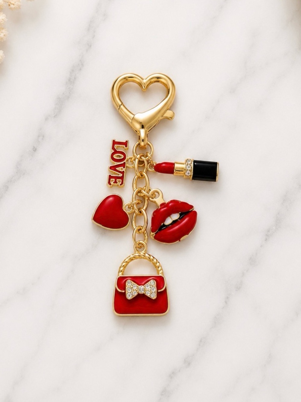 Bag Charm/Keyring-Gold-Tone Red Lipstick & Purse Charms on Gold Hardware